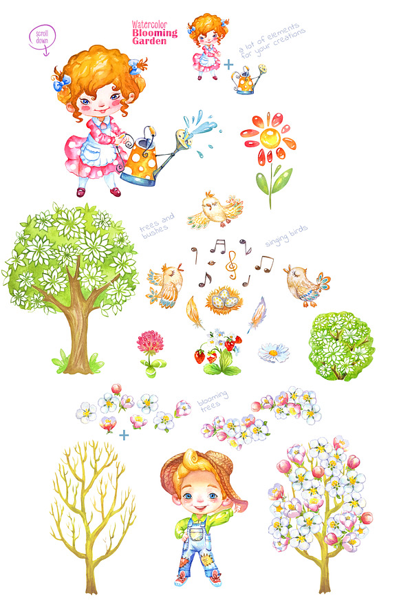 Blooming Garden. Watercolor clipart in Illustrations - product preview 5