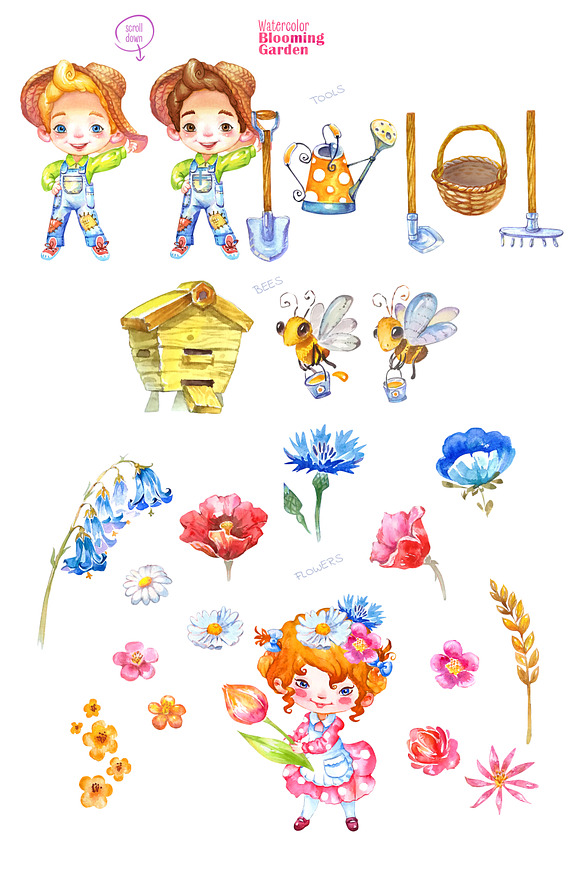 Blooming Garden. Watercolor clipart in Illustrations - product preview 6