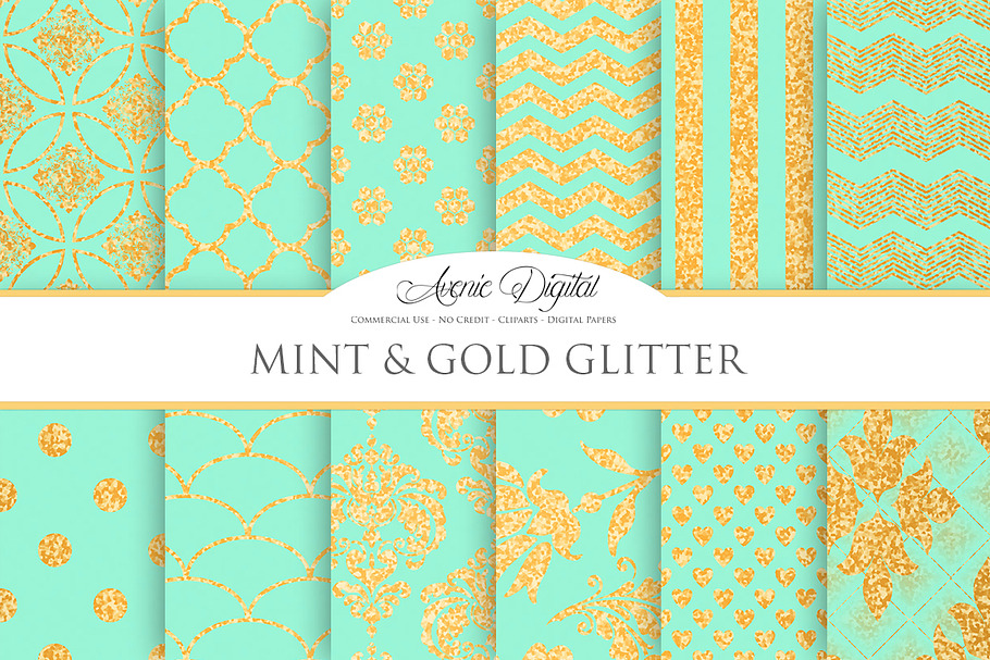 Mint and Gold Glitter Papers