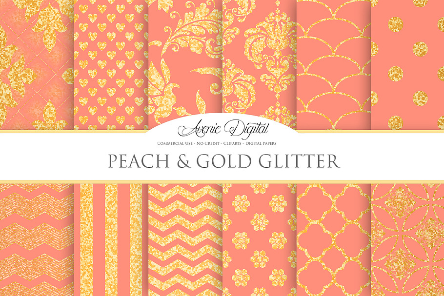 Peach and Gold Glitter Papers