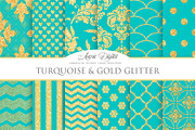 Turquoise and Gold Glitter Papers