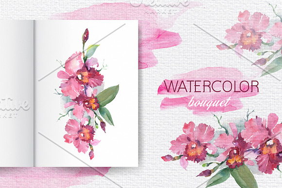 Branch of pink orchids Watercolor in Illustrations - product preview 7