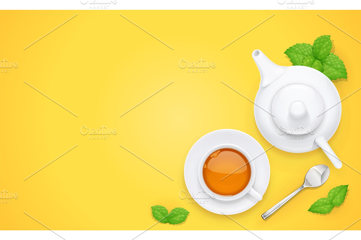 Tea cup and green leaf on plate. in Illustrations - product preview 8