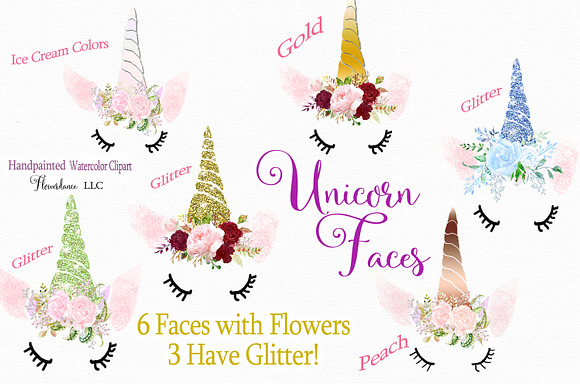Unicorn Faces with Glitter Horns in Illustrations - product preview 1