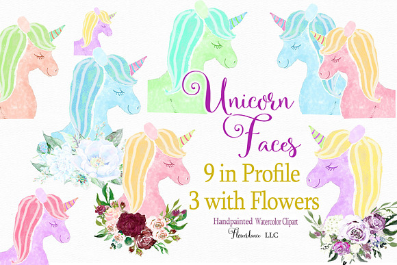 Unicorn Faces with Glitter Horns in Illustrations - product preview 3