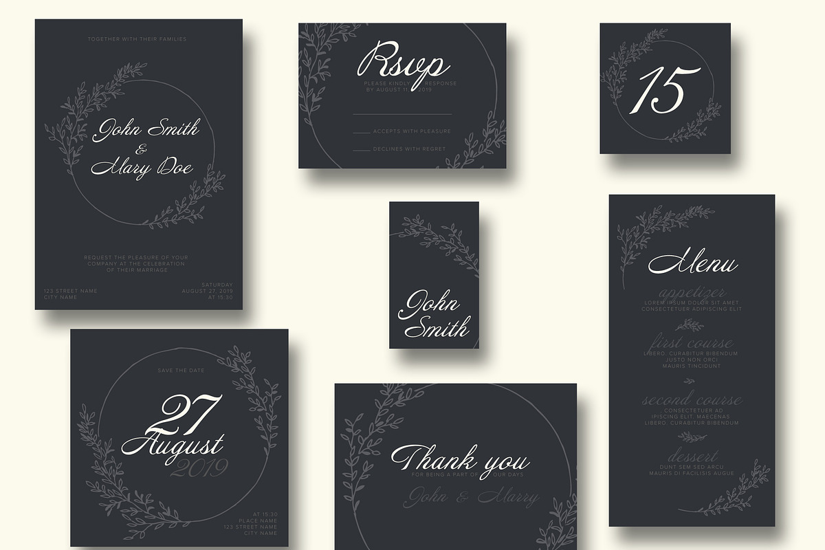 Dark wedding suite with flowers in Invitation Templates - product preview 8