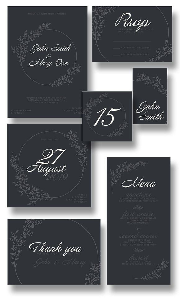 Dark wedding suite with flowers in Invitation Templates - product preview 1