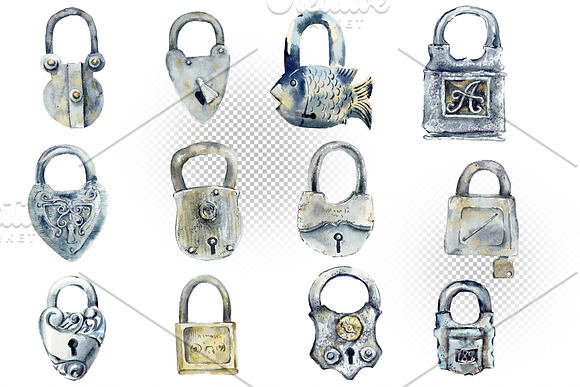 Watercolor vintage locks in Objects - product preview 1