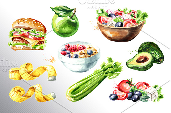 Diet. Watercolor collection in Illustrations - product preview 3
