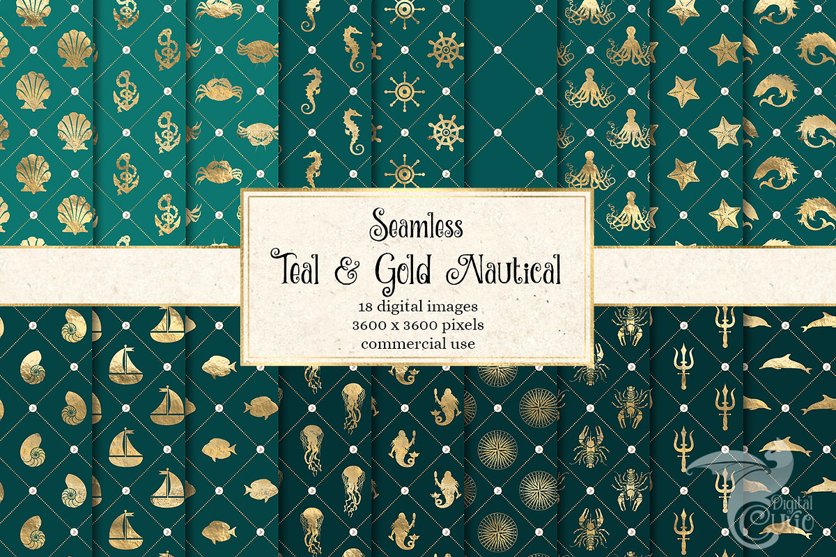 Teal & Gold Nautical Digital Paper in Patterns - product preview 8