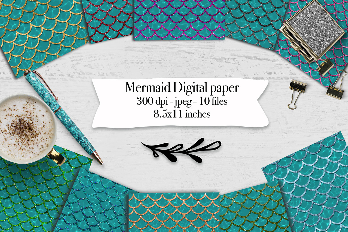 Mermaid digital papers in Textures - product preview 8