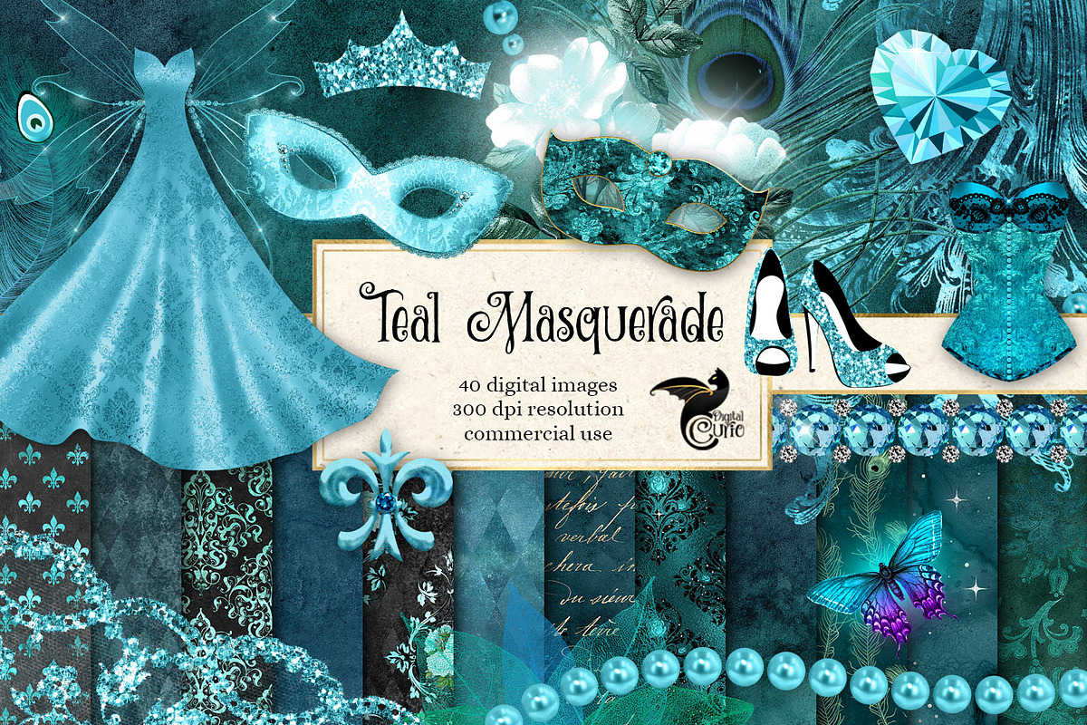 Teal Masquerade Graphics in Illustrations - product preview 8