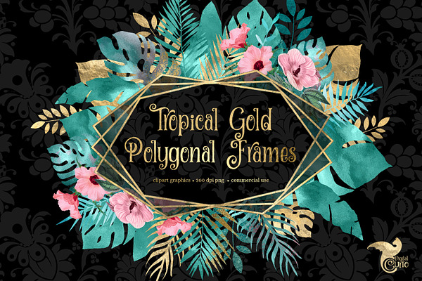 Tropical Gold Floral Frames Clipart