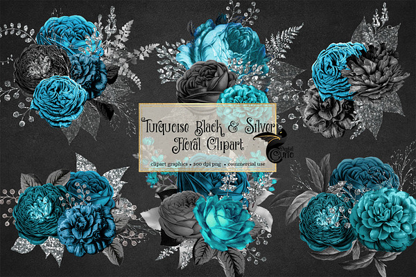 Turquoise Black & Silver Florals