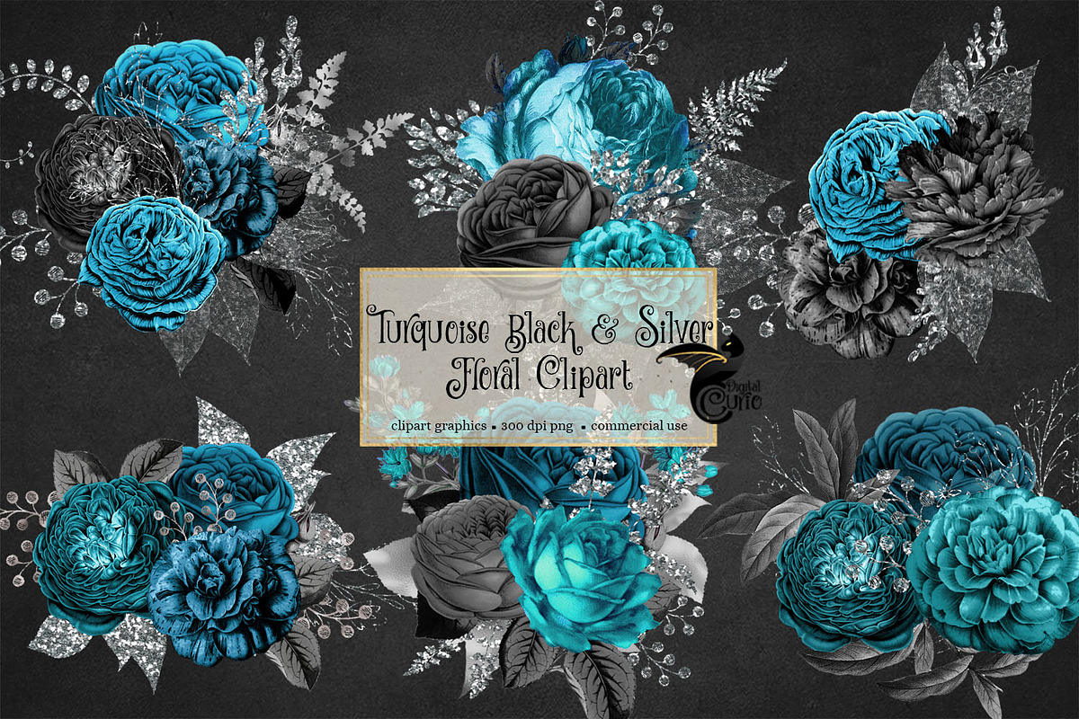 Turquoise Black & Silver Florals in Illustrations - product preview 8