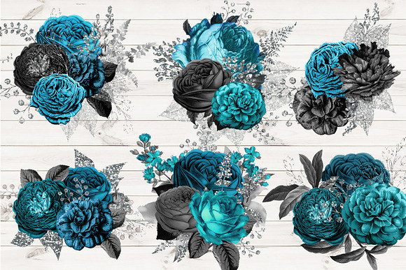 Turquoise Black & Silver Florals in Illustrations - product preview 1