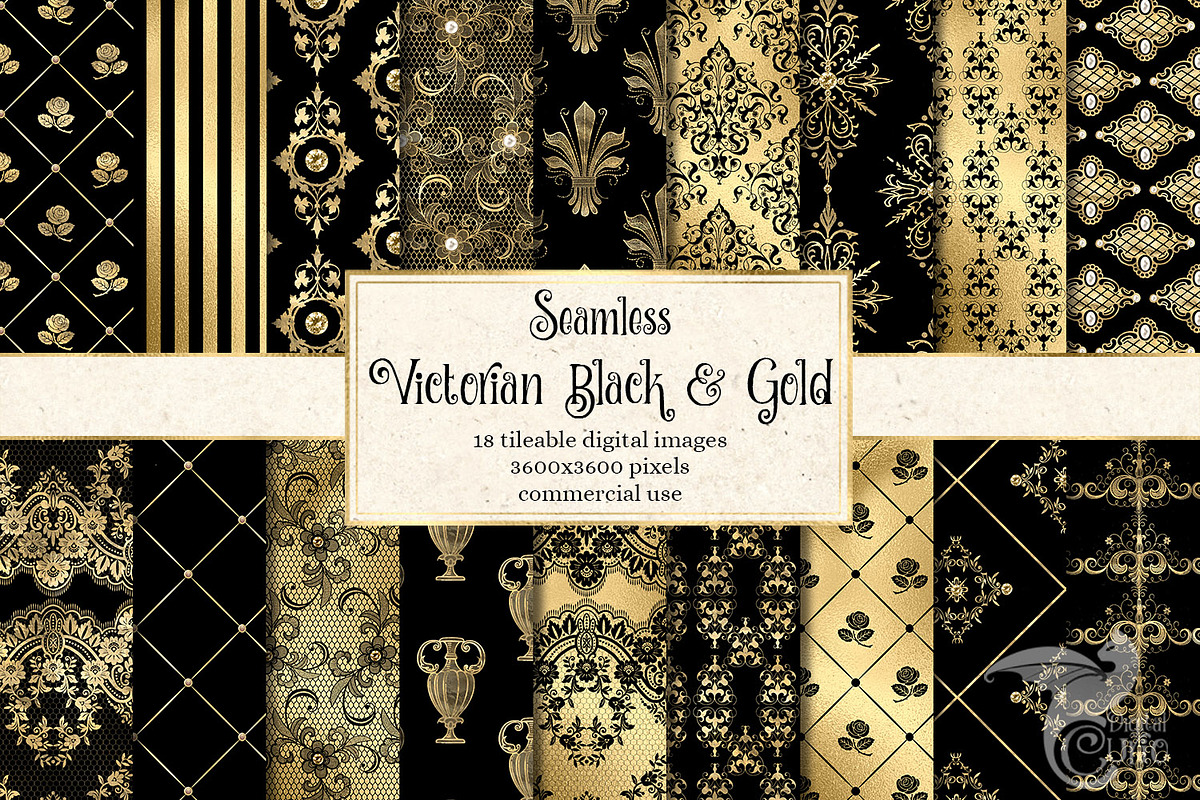 Victorian Black & Gold Digital Paper in Patterns - product preview 8