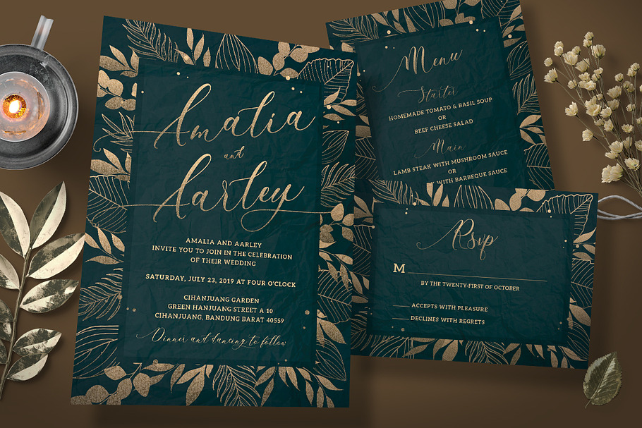 Gold Foliage Wedding Invitation in Card Templates - product preview 8