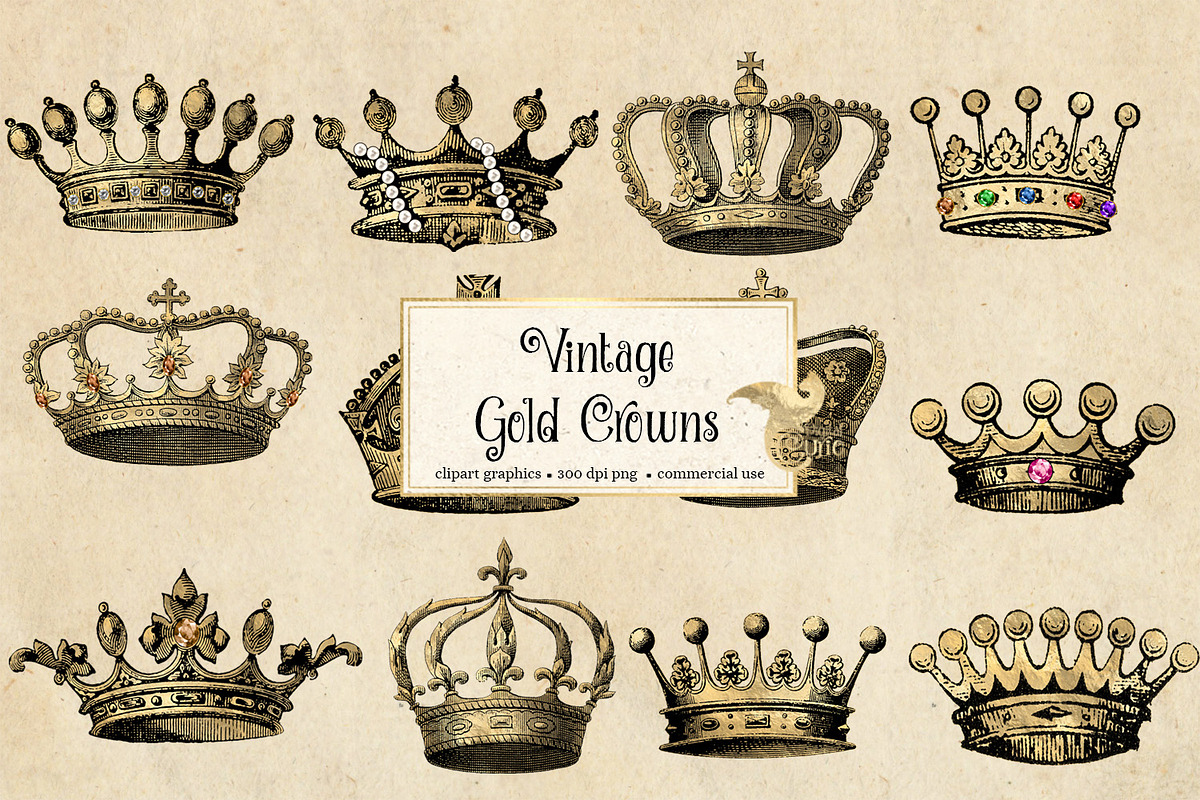 Vintage Gold Crowns Clipart in Illustrations - product preview 8