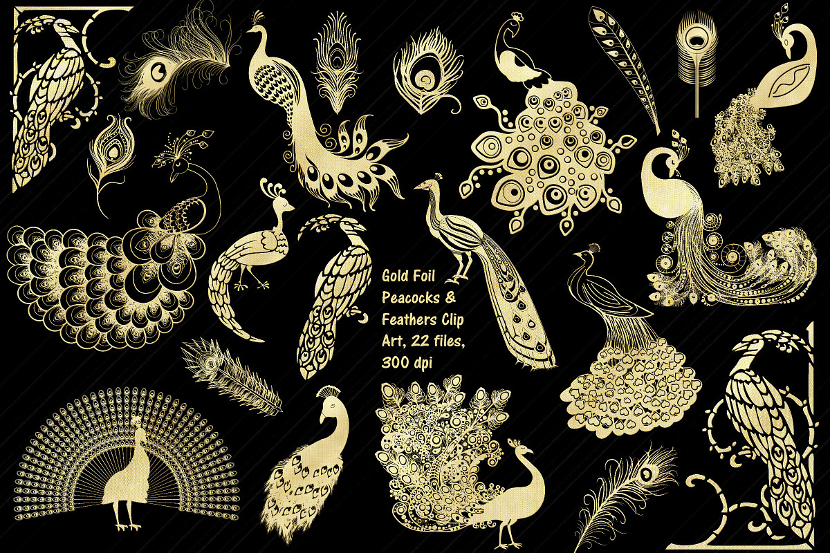 Gold Foil Peacock & Feathers ClipArt in Illustrations - product preview 8
