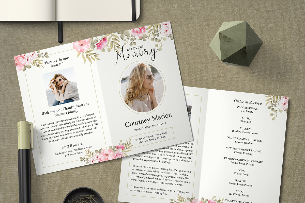 Rose Gold Floral Funeral Program in Card Templates - product preview 8