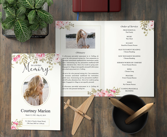 Rose Gold Floral Funeral Program in Card Templates - product preview 1
