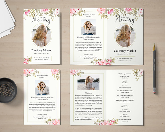 Rose Gold Floral Funeral Program in Card Templates - product preview 2