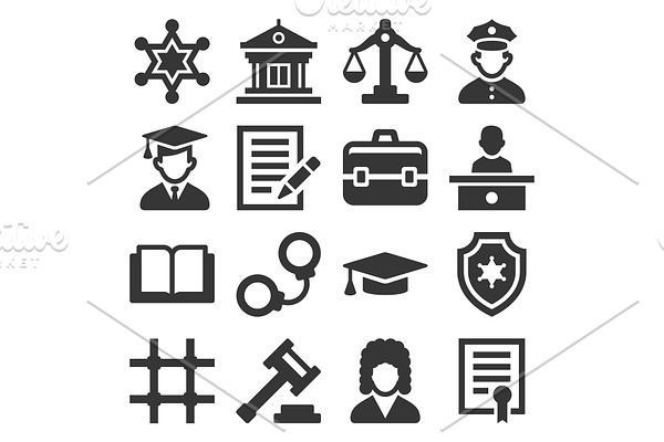 Law and Justice Icons Set on White
