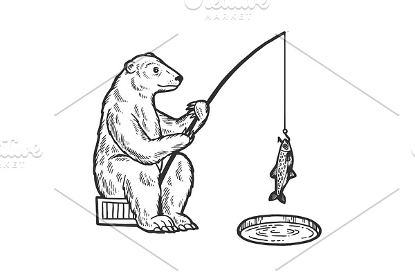 Polar Bear fishing sketch engraving