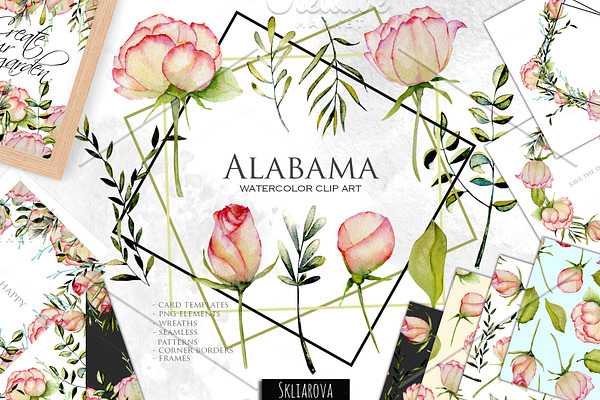 Alabama. Roses watercolor clipart.