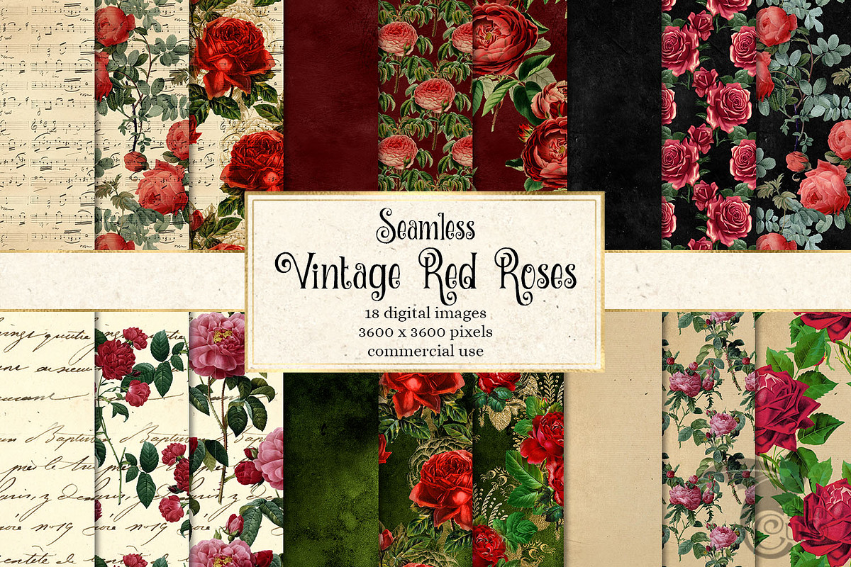 Vintage Red Rose Digital Paper in Patterns - product preview 8