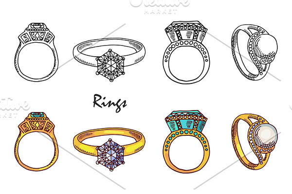 Hand drawn vector jewelry rings with