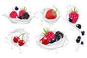 Berries milk splashes vector set