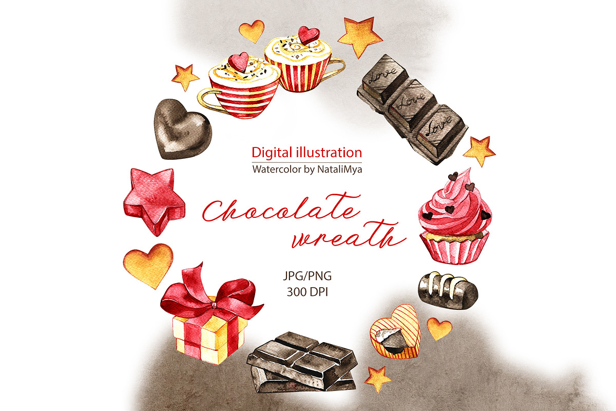 Watercolor Chocolate wreath logo in Illustrations - product preview 8