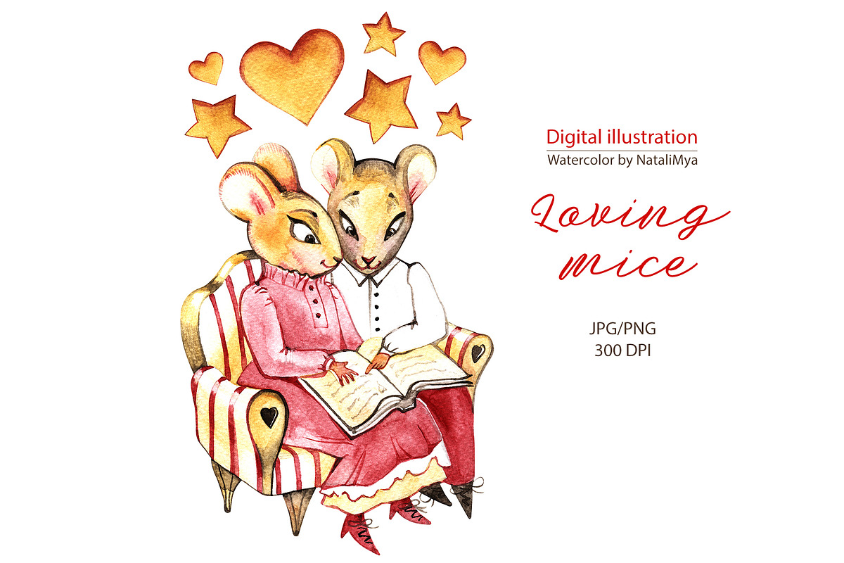 Watercolor loving mice read book in Illustrations - product preview 8