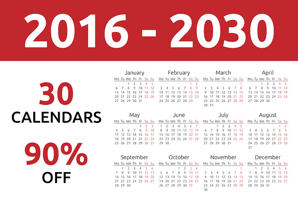 2016-2030 English calendars bundle