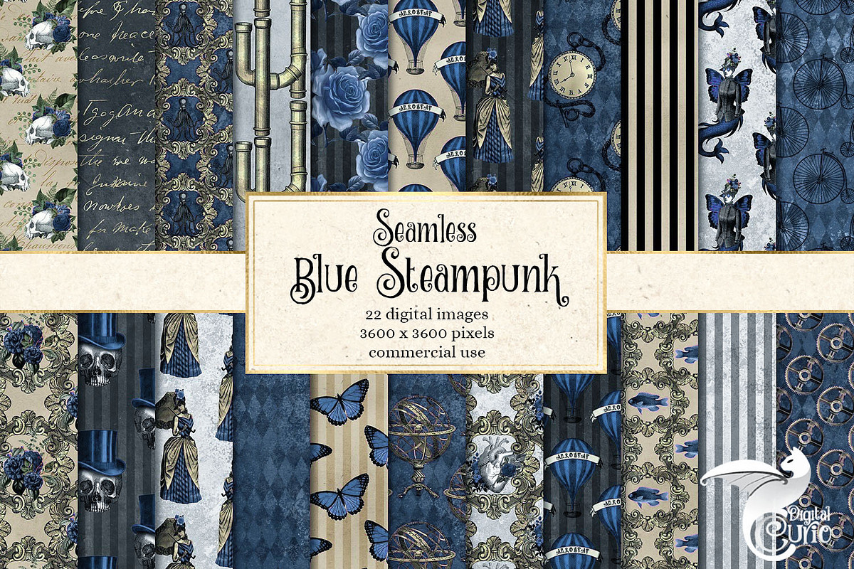 Blue Steampunk Digital Paper in Patterns - product preview 8