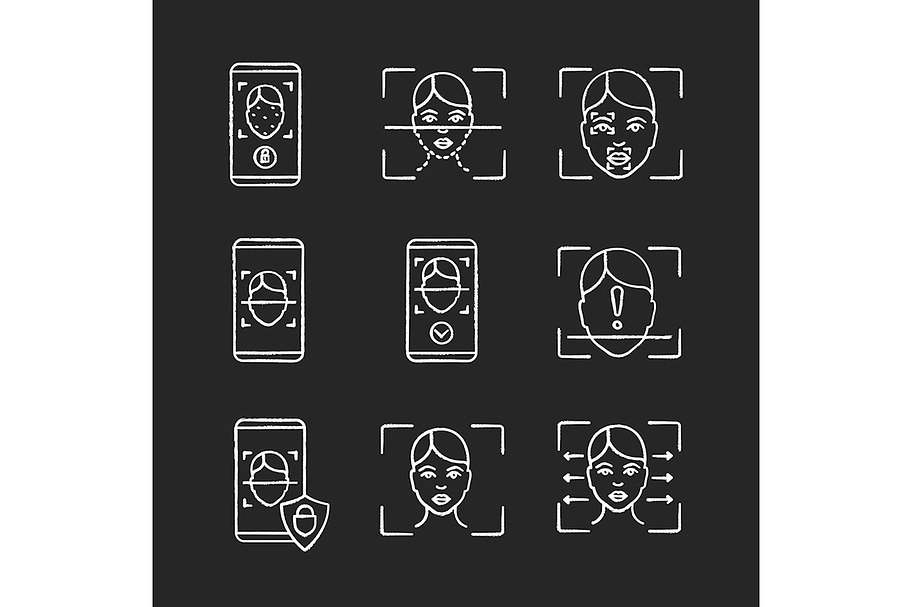 Facial recognition chalk icons set in Icons - product preview 8