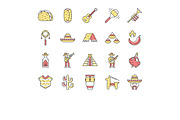 Mexican culture color icons set