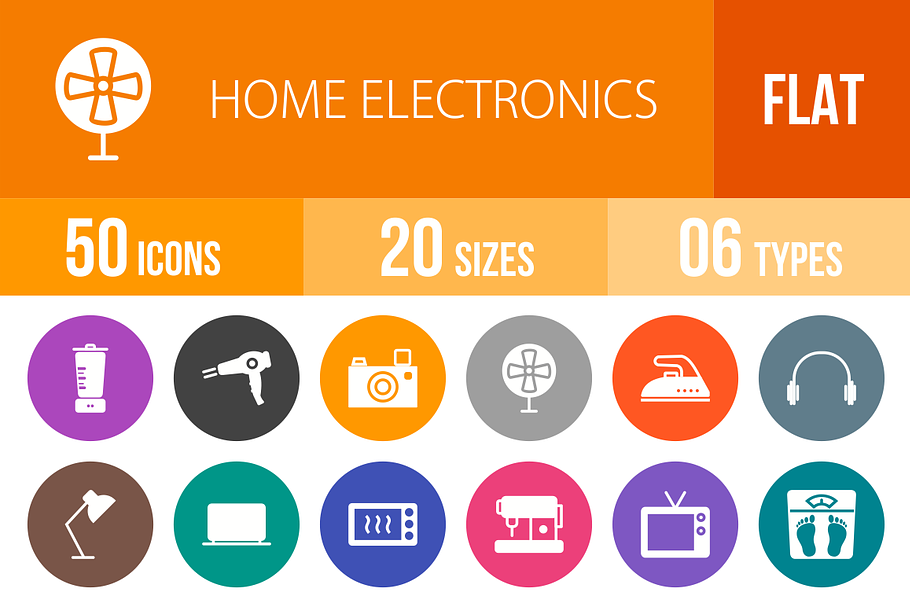 50 Home Electronics Flat Round Icons