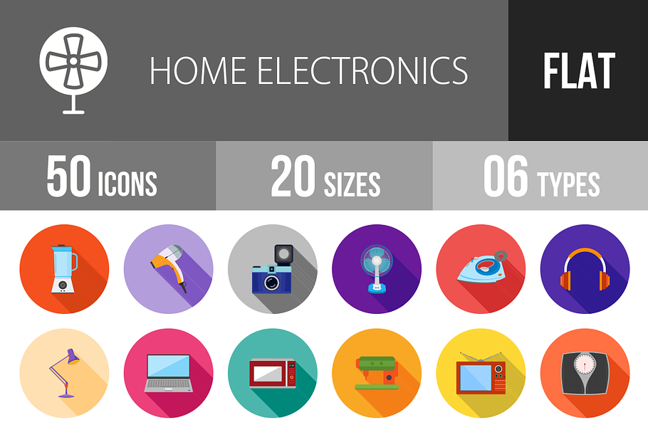 50 Electronics Flat Shadowed Icons