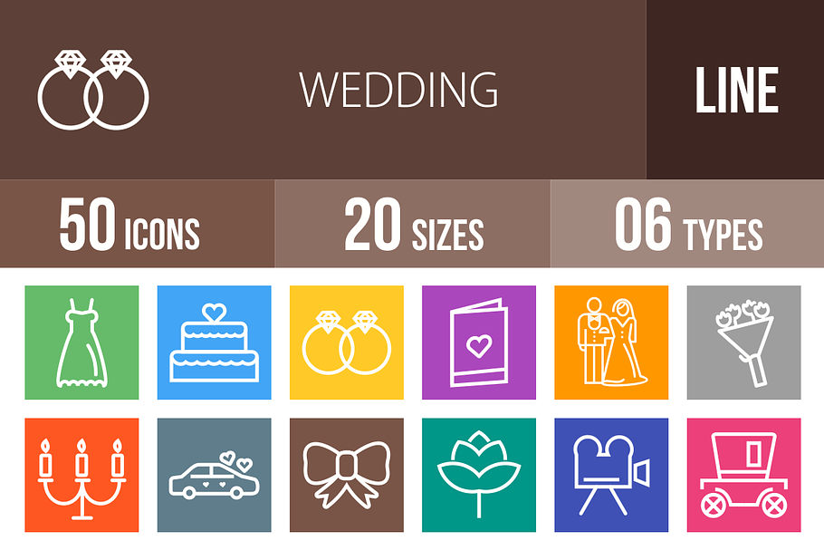 50 Wedding Line Multicolor Icons