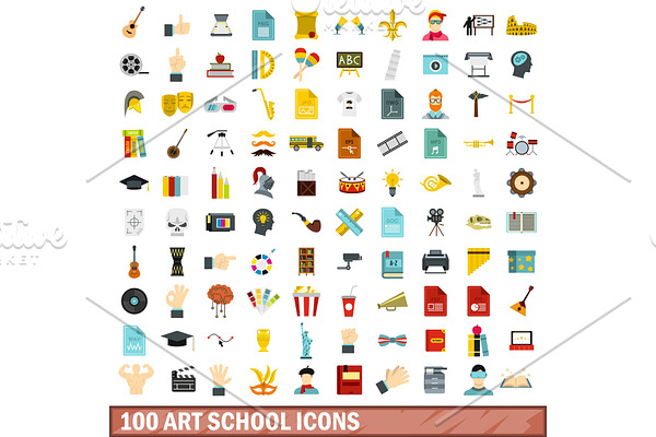 100 art school icons set, flat style