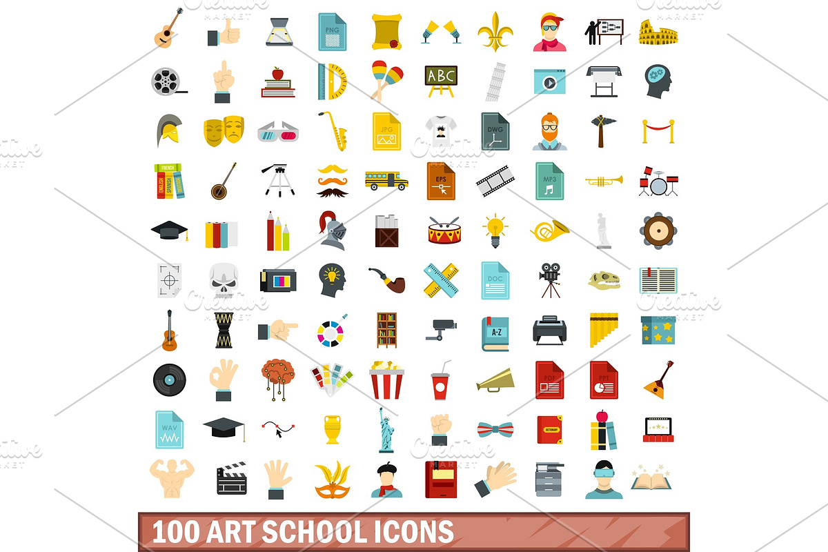 100 art school icons set, flat style in Illustrations - product preview 8