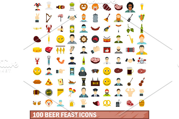 100 beer feast icons set, flat style
