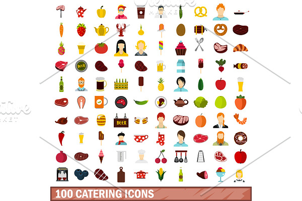 100 catering icons set, flat style