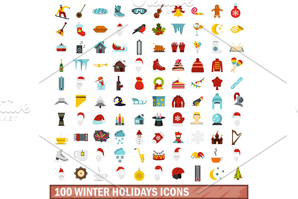 100 winter holidays icons set, flat
