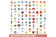 100 winter holidays icons set, flat