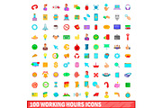 100 working hours icons set, cartoon