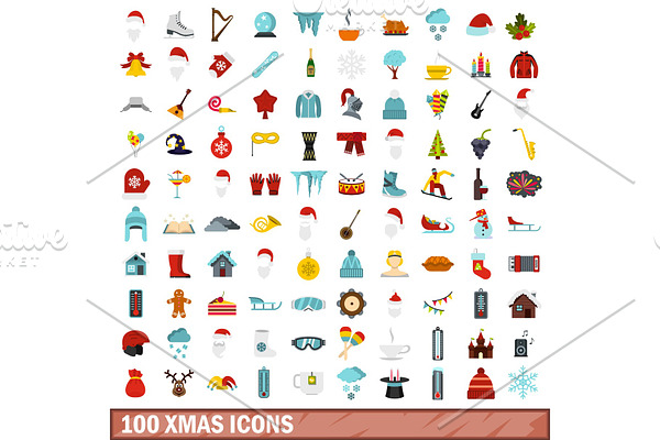 100 xmas icons set, flat style